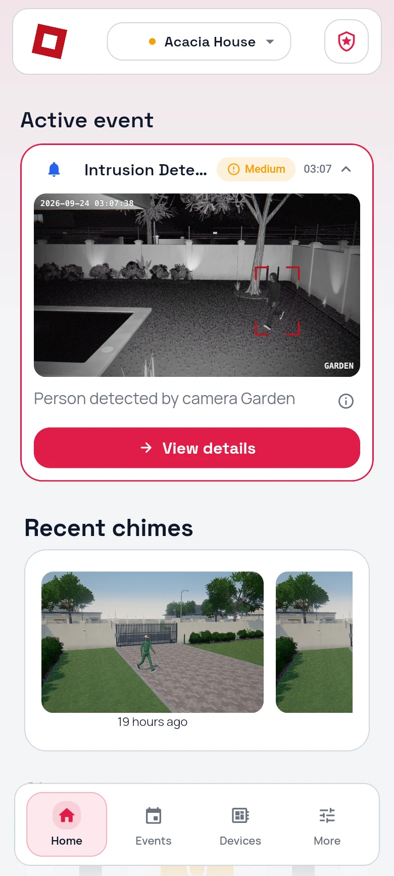 CleverAlert home screen with an active event: a person detected by the garden camera, with the photo
