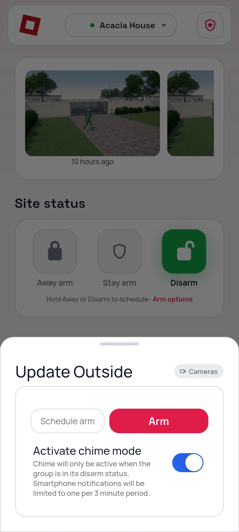 CleverAlert sheet for the Outside group: schedule arm, arm, and a chime mode switch