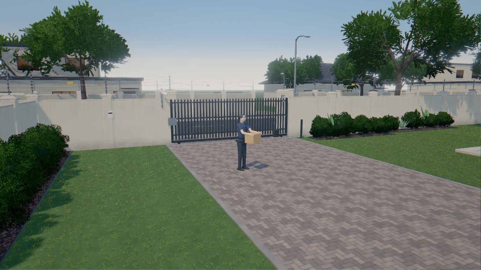 Daytime driveway camera view of a courier carrying a parcel at the gate