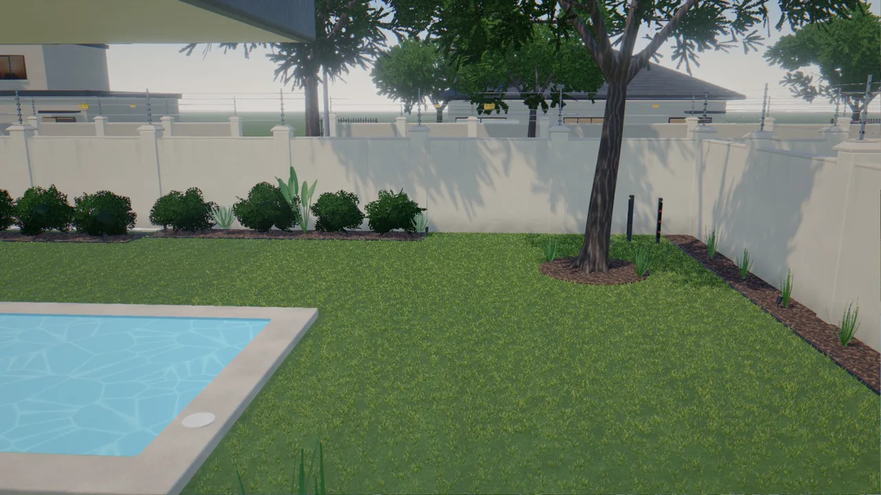 Garden camera: lawn, pool and boundary wall