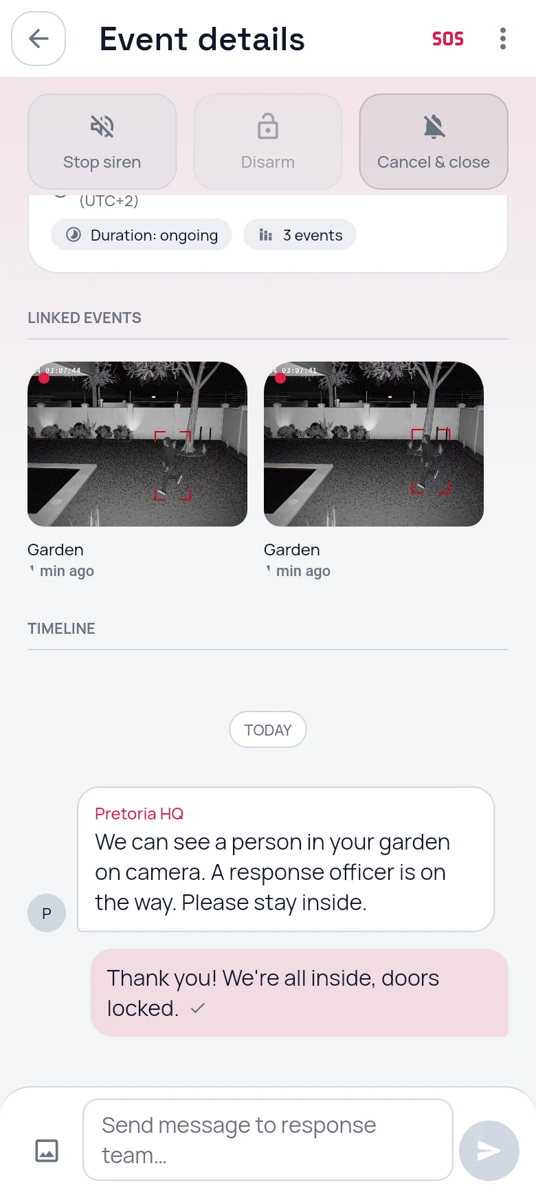 CleverAlert event chat with the control room: a response officer is on the way