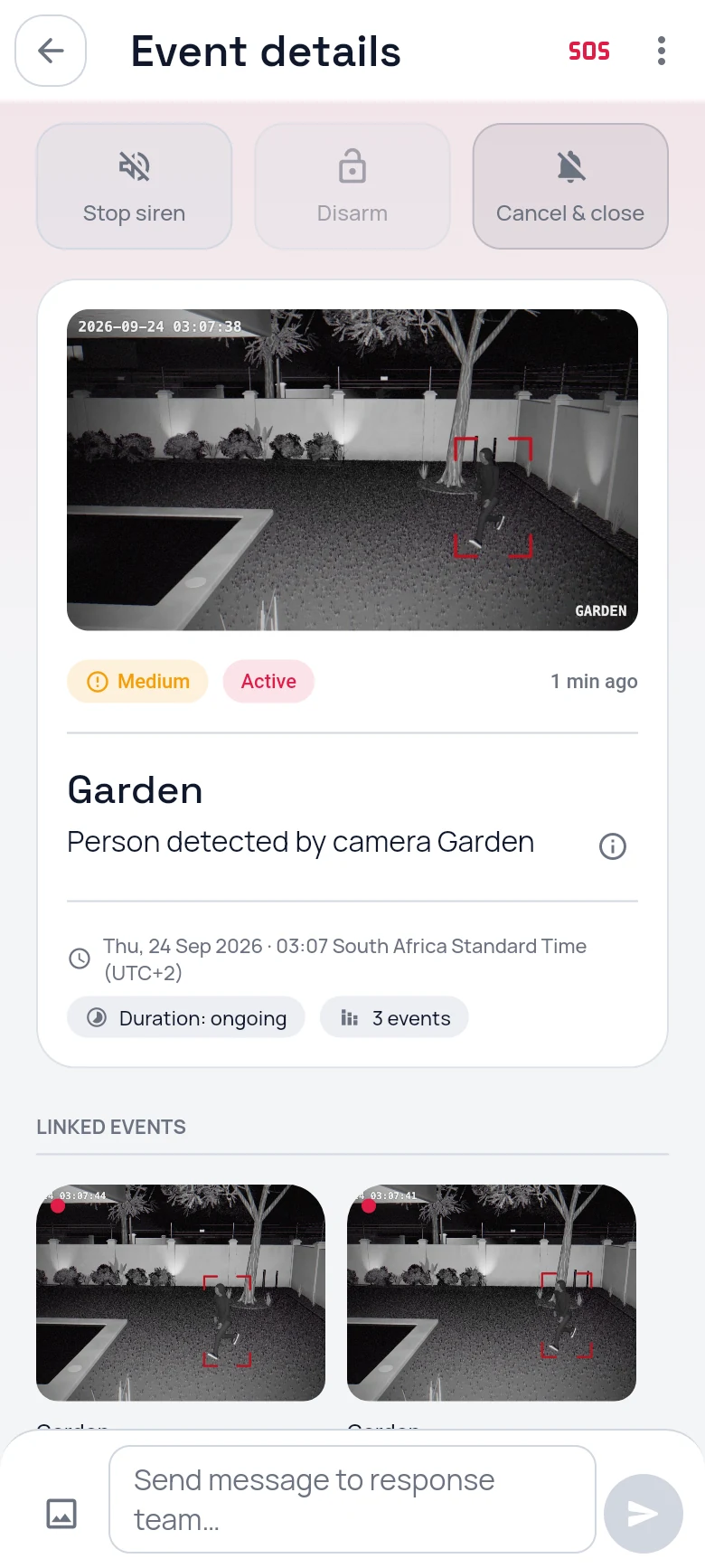 CleverAlert event details: the alarm photo from the garden camera, with stop siren, disarm and cancel