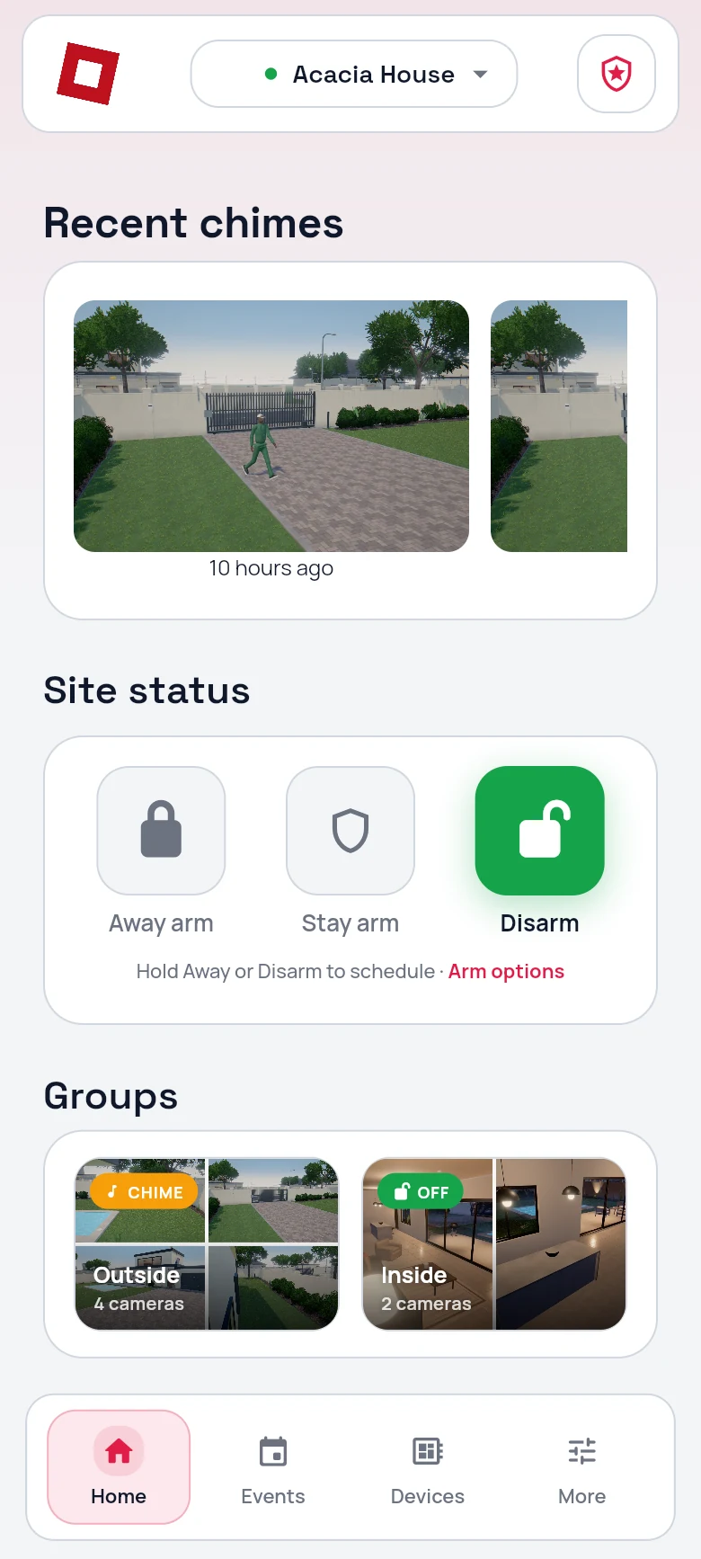 CleverAlert home screen: recent chimes, site status with away arm, stay arm and disarm, and camera groups