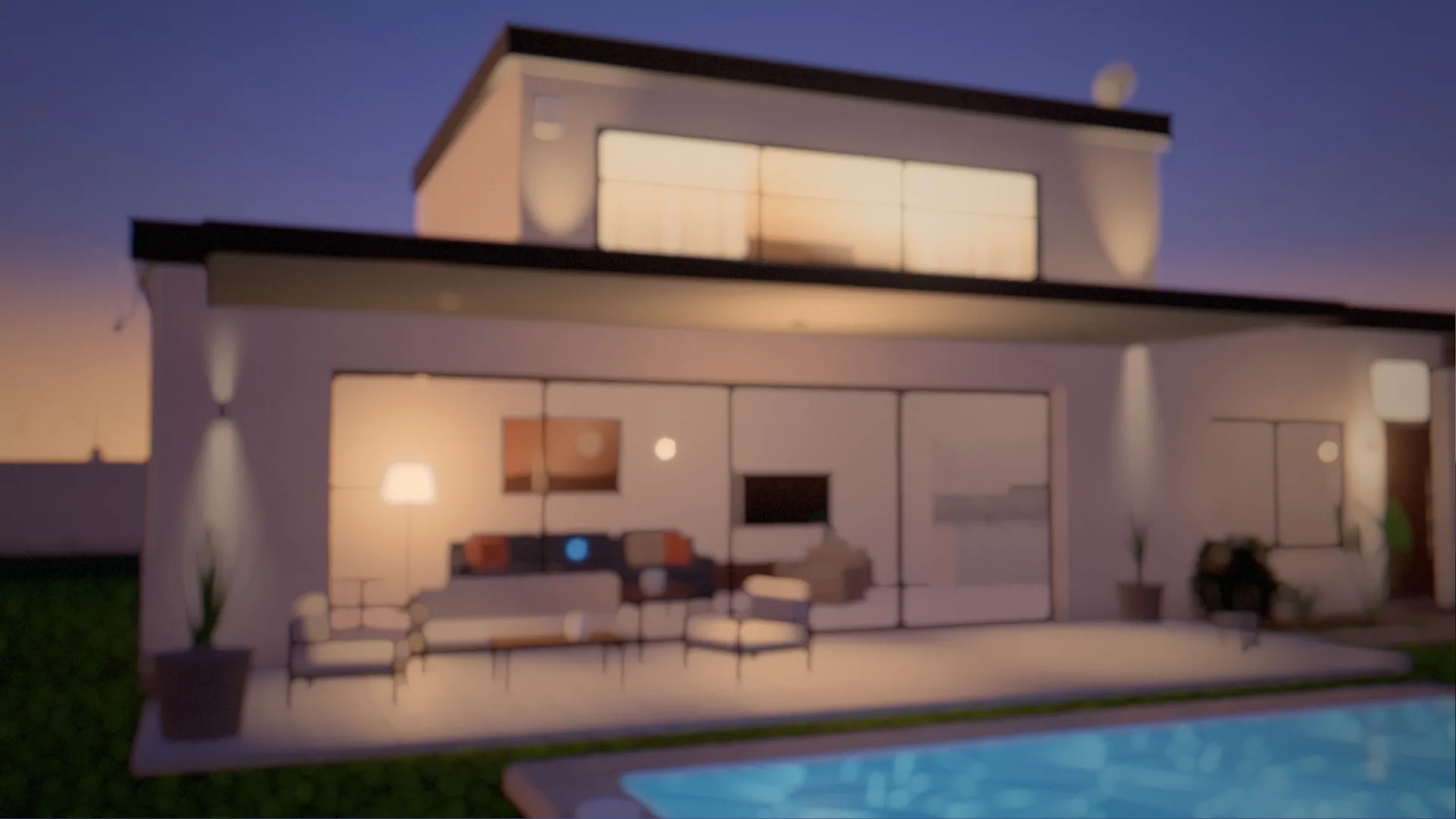 A modern home at dusk with the lights on and a pool in the garden