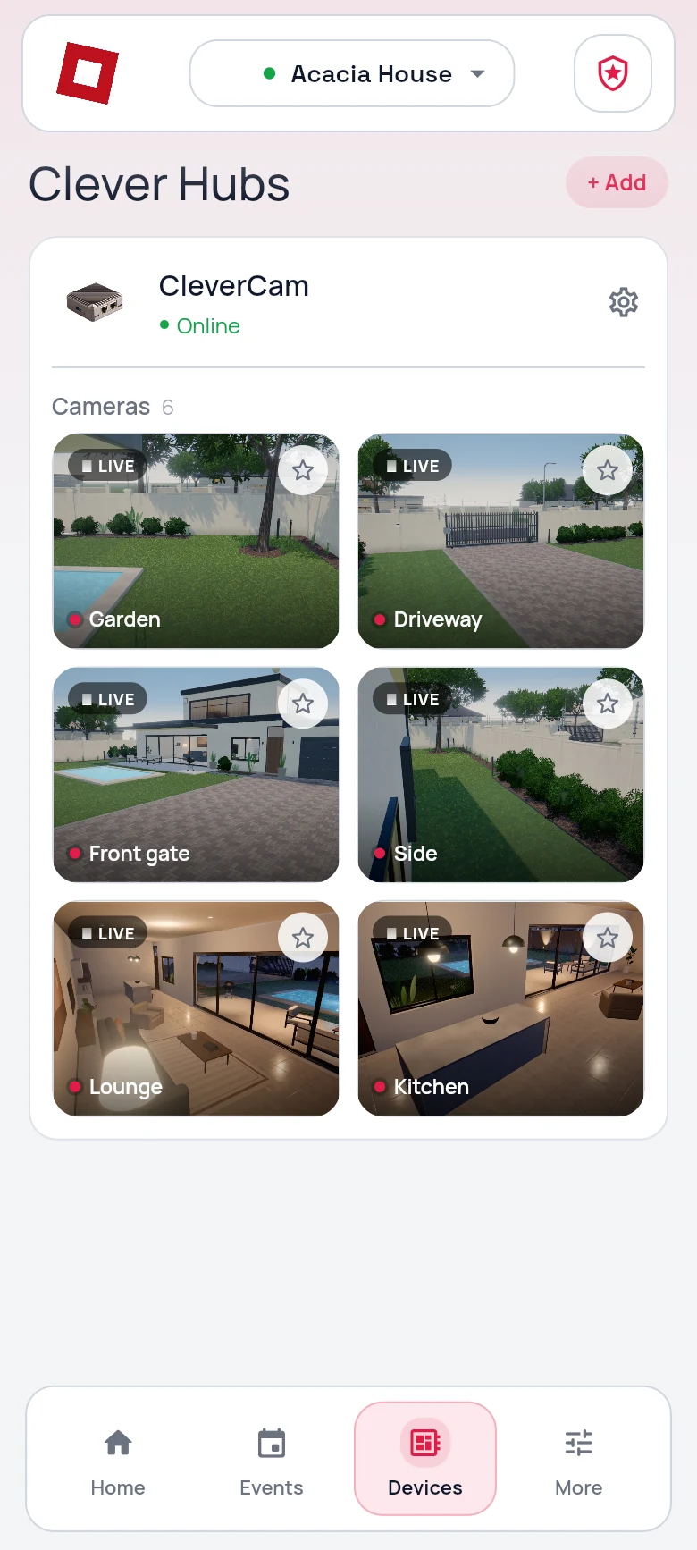CleverAlert devices screen: one hub online with six live cameras