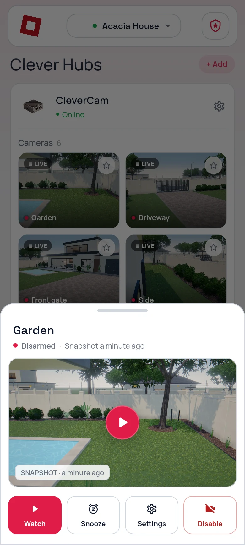 CleverAlert camera sheet for the garden camera with watch, snooze, settings and disable