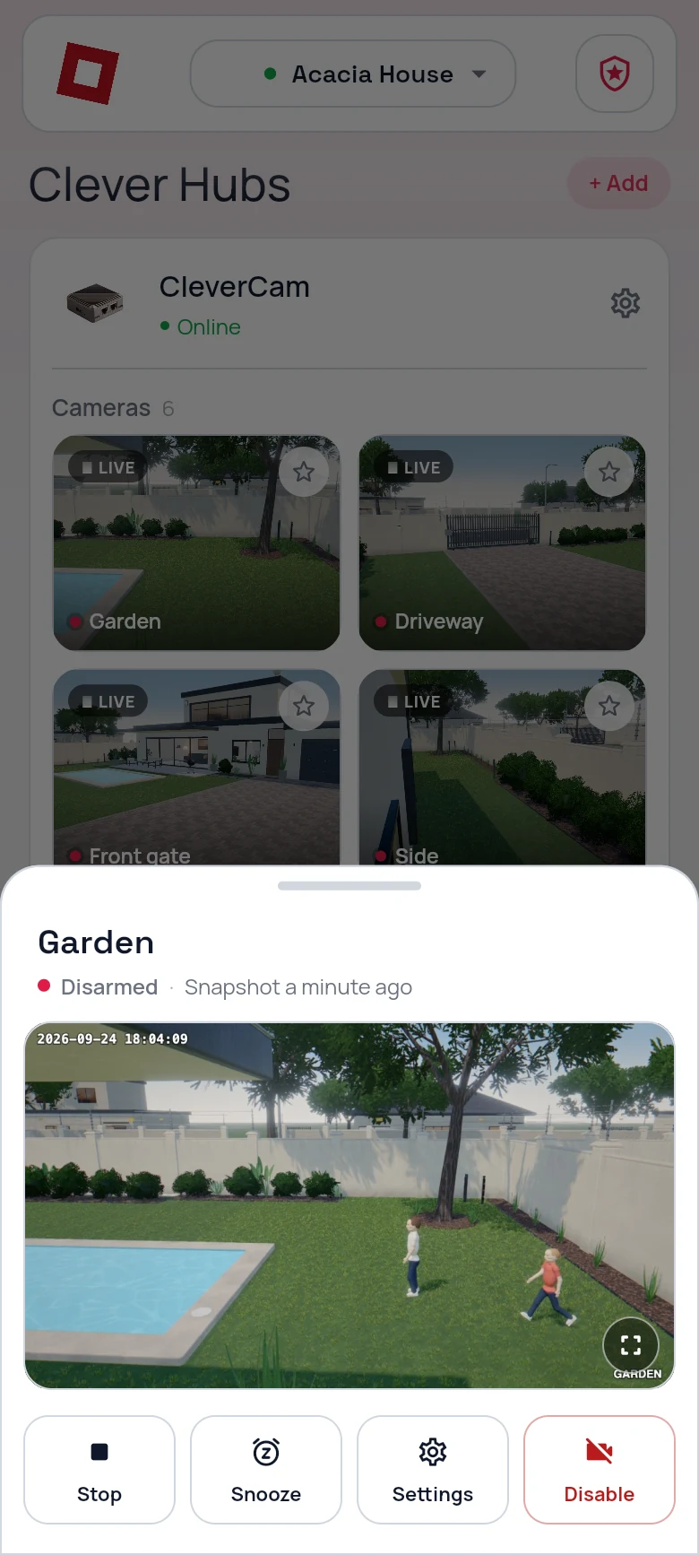 CleverAlert live view of the garden camera with stop, snooze, settings and disable
