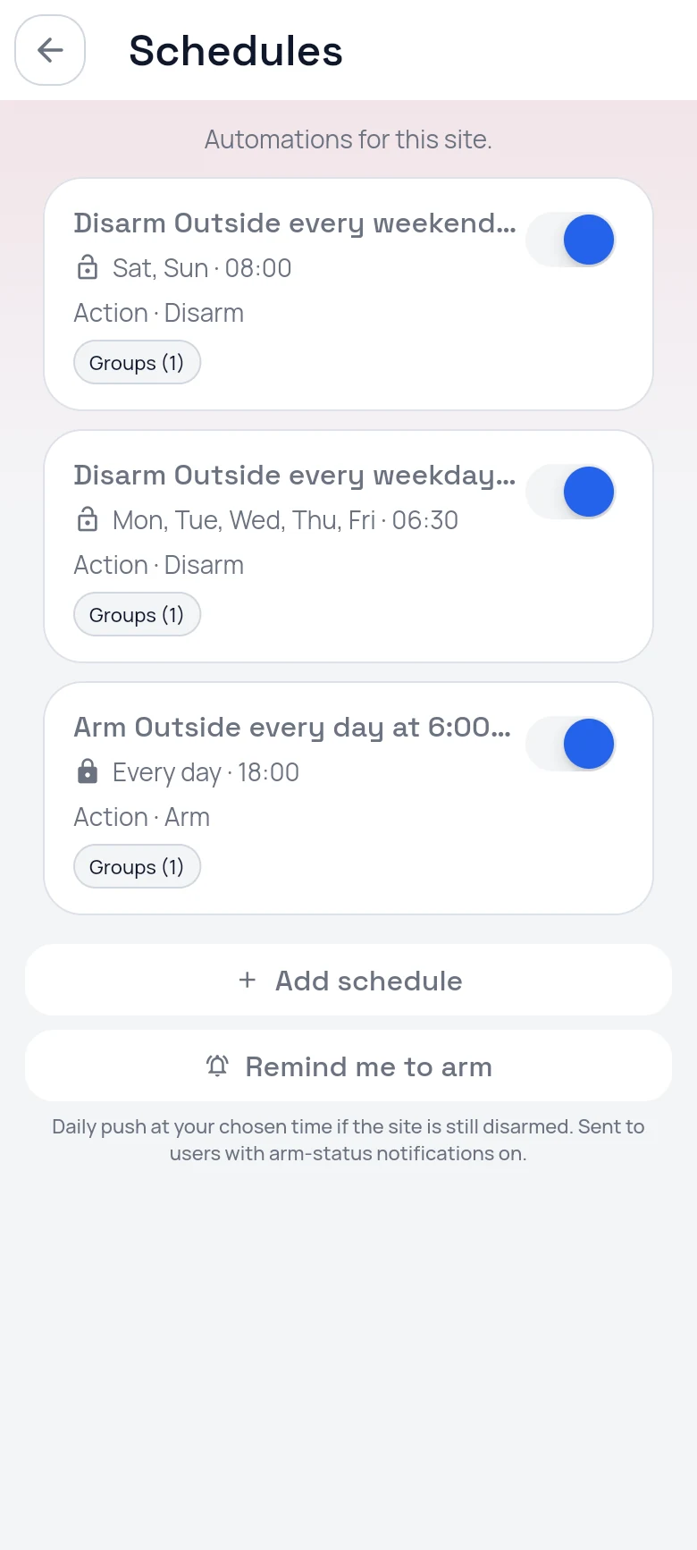 CleverAlert schedules: disarm outside on weekends and weekdays, arm outside every evening