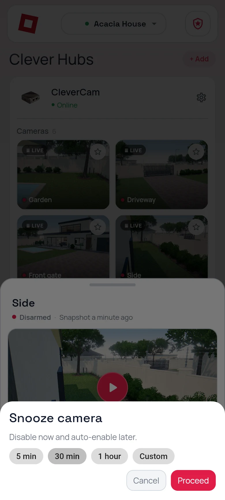 CleverAlert snooze sheet: pause a camera for 5 minutes, 30 minutes, 1 hour or a custom time